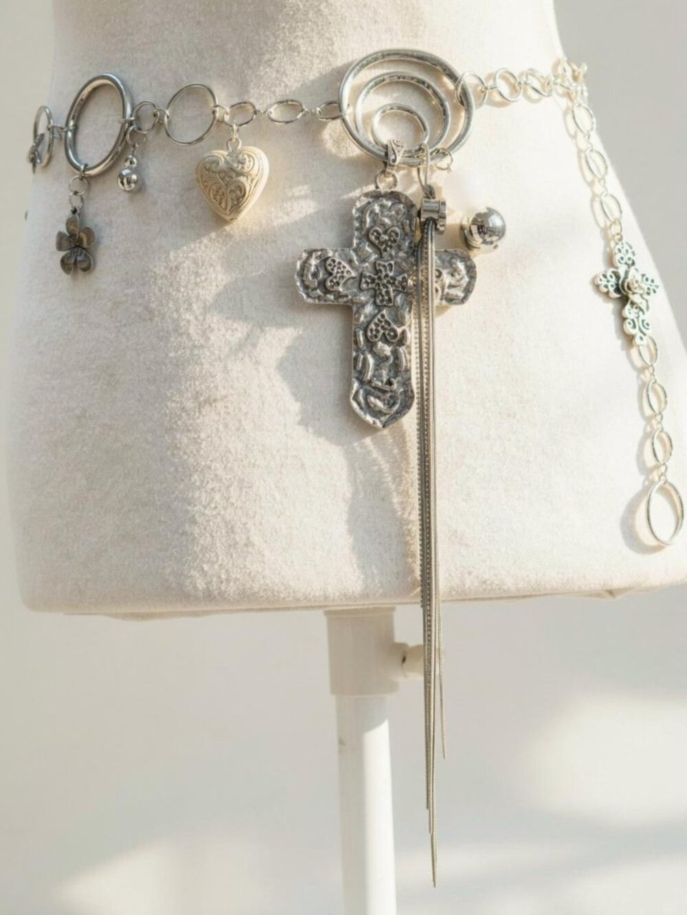 Silver metal chain belt with Cross and flower charms